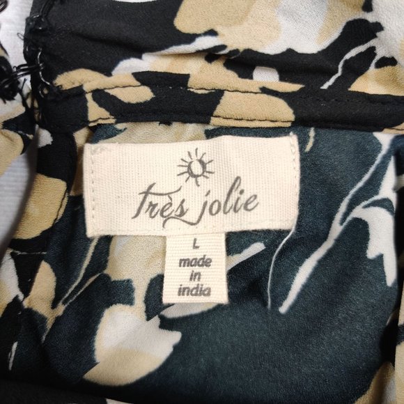 Tres Jolie womens mock neck blouse keyhole back preppy black neutral floral sz L - Picture 3 of 8